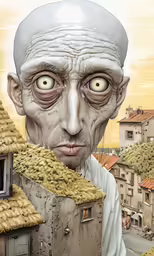 a strange man staring at something while standing in the middle of a city
