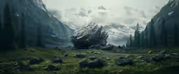 an alien landscape that looks like something out of a fantasy novel,a rocky valley with a giant rock formation in it