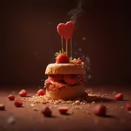 a tower of strawberries on top of a sand covered beach