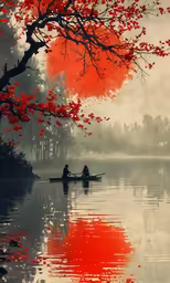 two people on a boat on a lake with red leaves