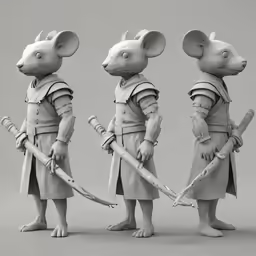 a toy mouse holding two large swords