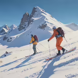 two people walking up a hill on skis