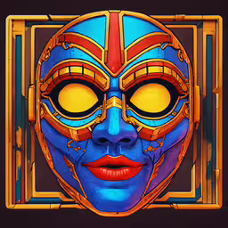 a woman wearing a blue mask with the image of an orange and blue face,an illustration of a blue mask with yellow eyes