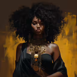 a painting with a beautiful afro girl with jewelry,a digital painting of a woman in black and gold