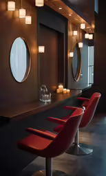 the long counter in the modern salon is lined with red chairs