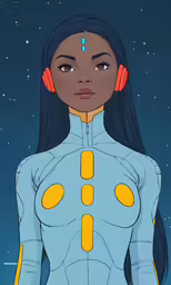 a woman wearing ear phones and a futuristic outfit