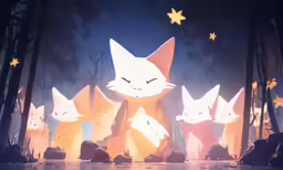a bunch of cats are standing in the woods
