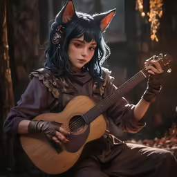 a woman in a furry outfit and cat hat playing a guitar