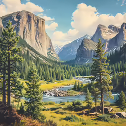 a mountain scene, with pine trees and stream running through the valley