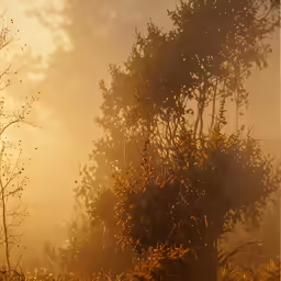 a giraffe is walking through some bushes on a misty day