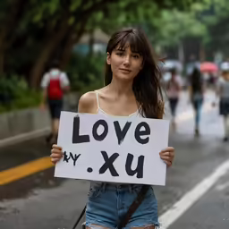 woman holding love my xxu sign in the middle of a street