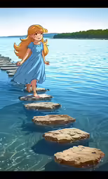 a painting of a girl walking across a bridge over a river