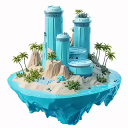 a small blue toy island with several water towers