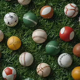 several balls are lying on the ground covered in green grass