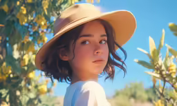 a close up of a person in a hat next to tree