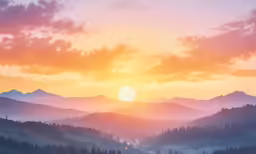 a painting of a beautiful landscape as the sun sets