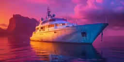 a boat sits in the water while the sun sets