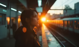 a woman stares as the sun sets on the train tracks