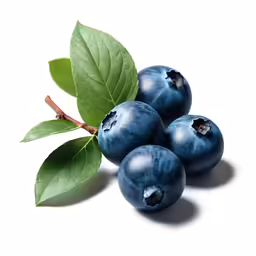 blueberries are on a white surface with leaves