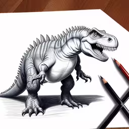 the drawing of a dinosaur is next to a pair of scissors,a dinosaur with its mouth open and teeth wide