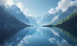 a photo of the mountains and the lake in motion