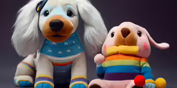 stuffed animals, dog and rainbow colored sweaters on display