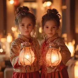 two girls in dresses with lanterns on their hands