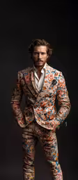 a man in a flowered suit poses for a picture,a man in a suit is posing for a photo