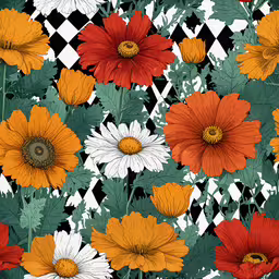 a checkered background with flower shapes and daisies,a photo of a background with flowers, leaves and checker board pattern