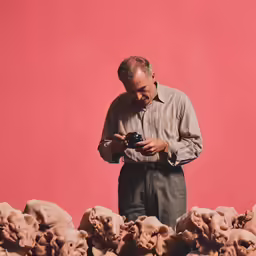 a man standing by a pile of heads
