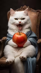 a cat is sitting on a chair holding an apple