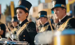 some people are playing instruments on a parade