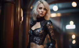 a blonde woman is posing with leather outfits