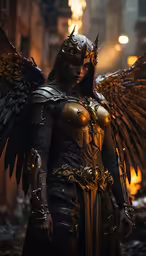 an angel in gold is wearing armor and large wings