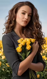 the image shows a woman holding flowers with an over - head view
