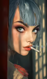 a woman with blue hair and makeup is smoking a cigarette