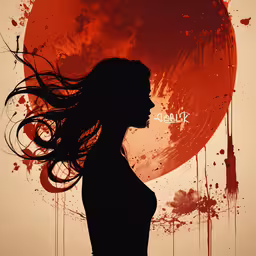 the silhouette of a woman with red, orange and black paint splattered on her,the silhouette of a woman with her hair blowing in the wind