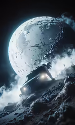 a truck that is standing next to a giant moon