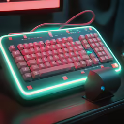 a black and red illuminated computer keyboard on a desk