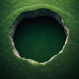 a hole in a grass field with water inside