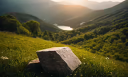 a rock in a grassy field at sunset