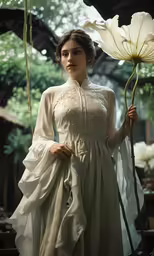 the girl in the dress is holding a flower