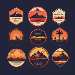 a set of nine badges that represent different areas,an illustration of different mountains in the sky