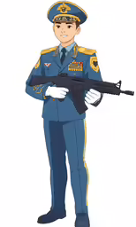 the blue soldier with his rifle is holding it