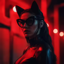 a woman in black cat ears and eyewear, in a room lit up by red light