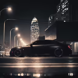 a black sports car parked on a street near a city