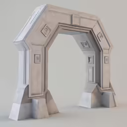 a sculpture of a white door and pillars on a gray background