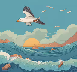 an ocean scene has two birds flying over the waves,an image of a seagull flying over water with birds