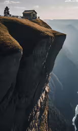 an abandoned house sits on top of a cliff
