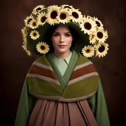 a woman with sunflowers on her head in front of a dark background